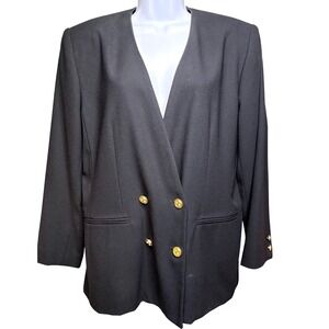 VTG 90s KASPER A.S.L. Womens Black Double Breasted Blazer 14P Classic Power Suit